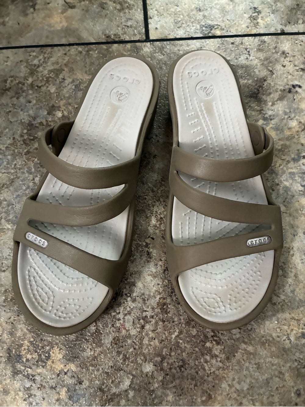 CROCS Women's Triple-Strap Slide Sandals in Taupe
